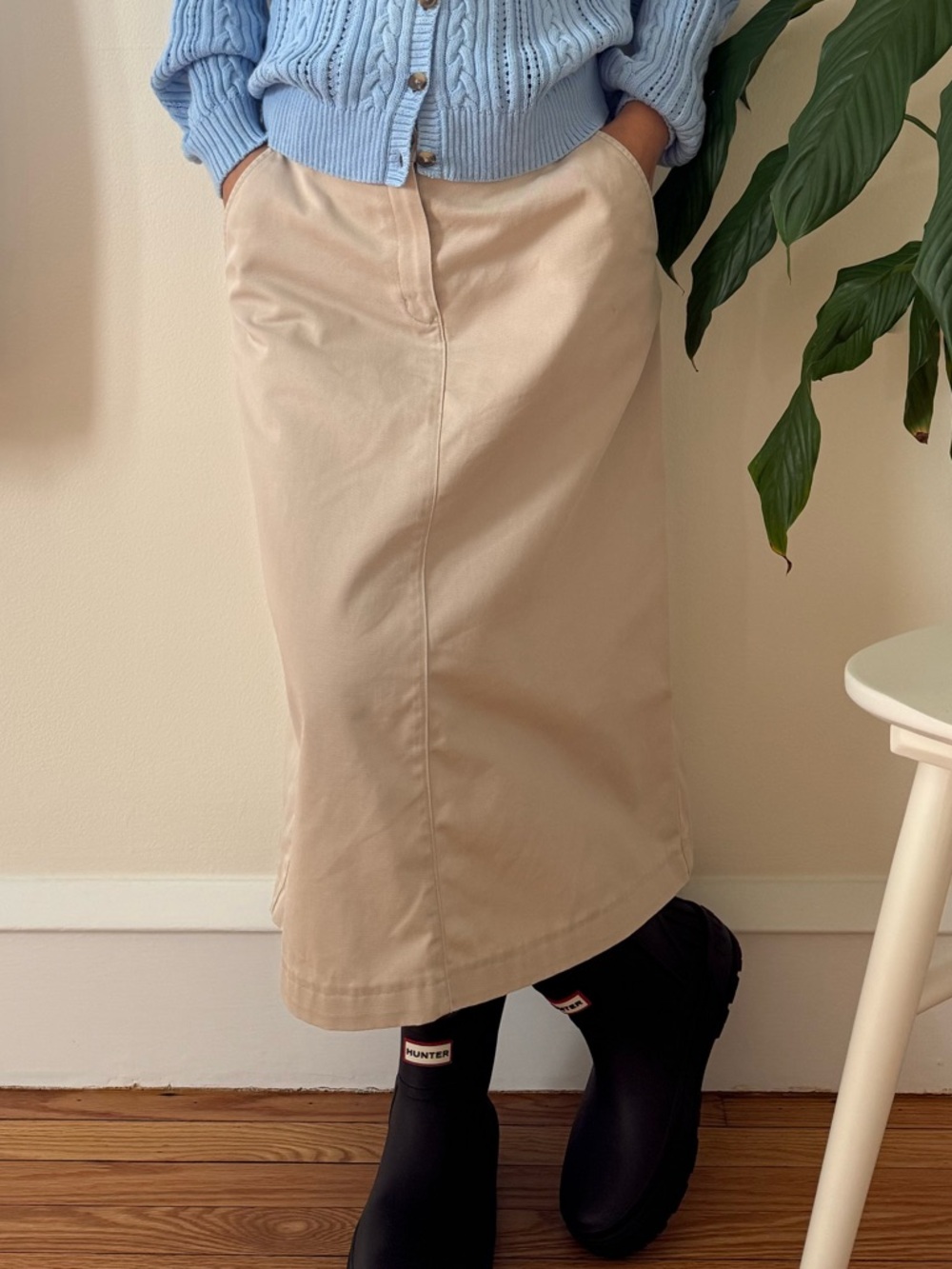 LL Bean 100% Cotton Original Fit Light Khaki Straight Midi Skirt Y2K Size 8